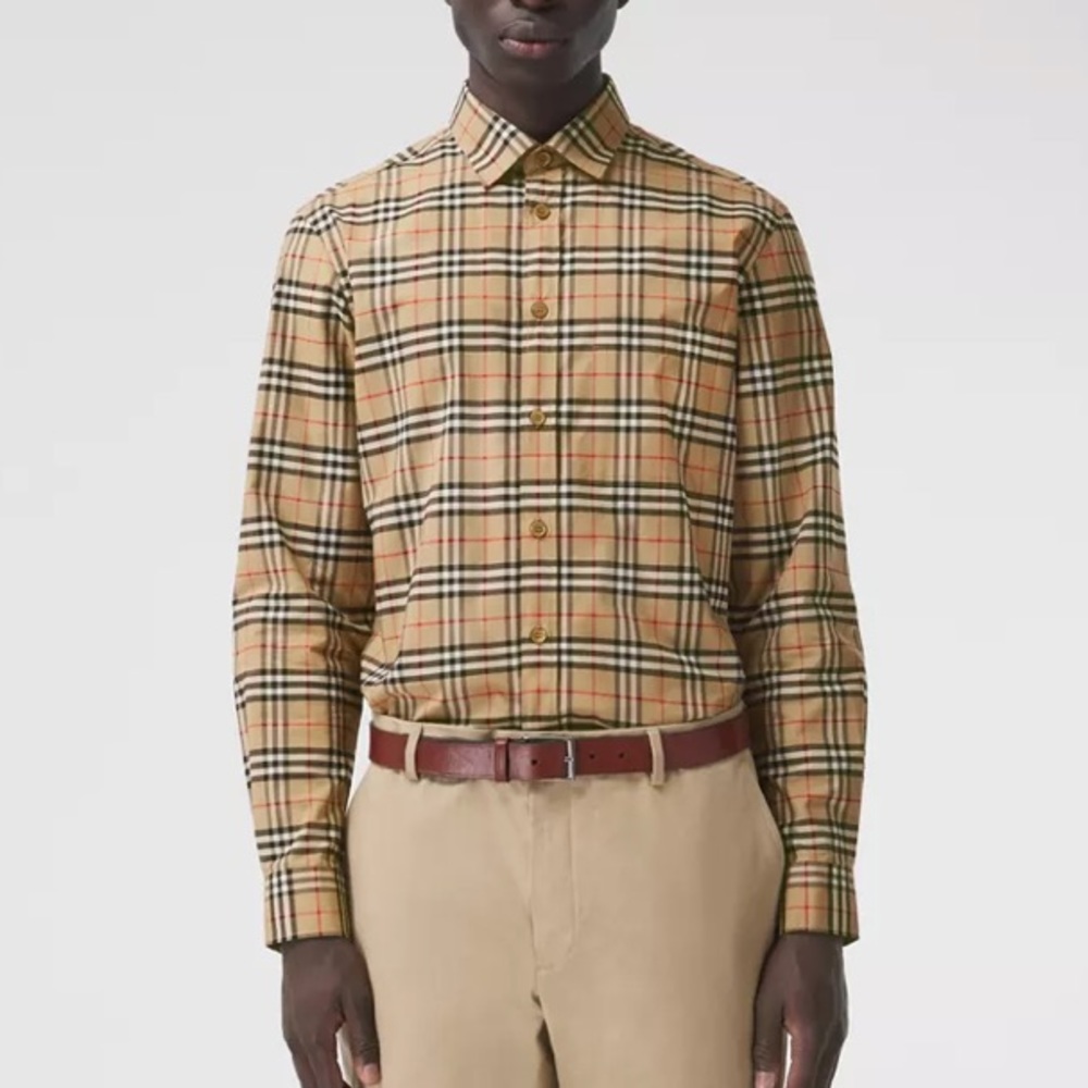 Burberry Plaid Tan Small Scale Check Stretch Cotton Shirt
